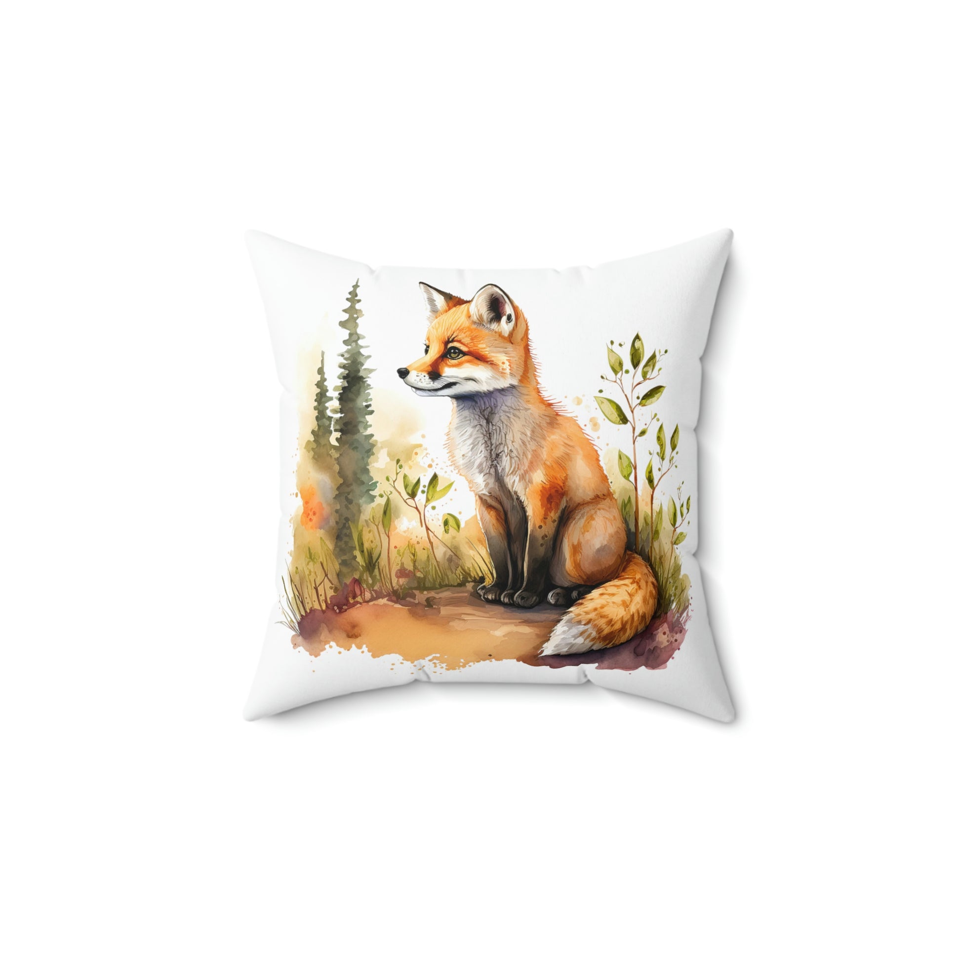 orange fox watercolor design on a square accent throw pillow, watercolor fox design on a throw pillow sitting on a couch, fox couch pillow accent for your living room decor