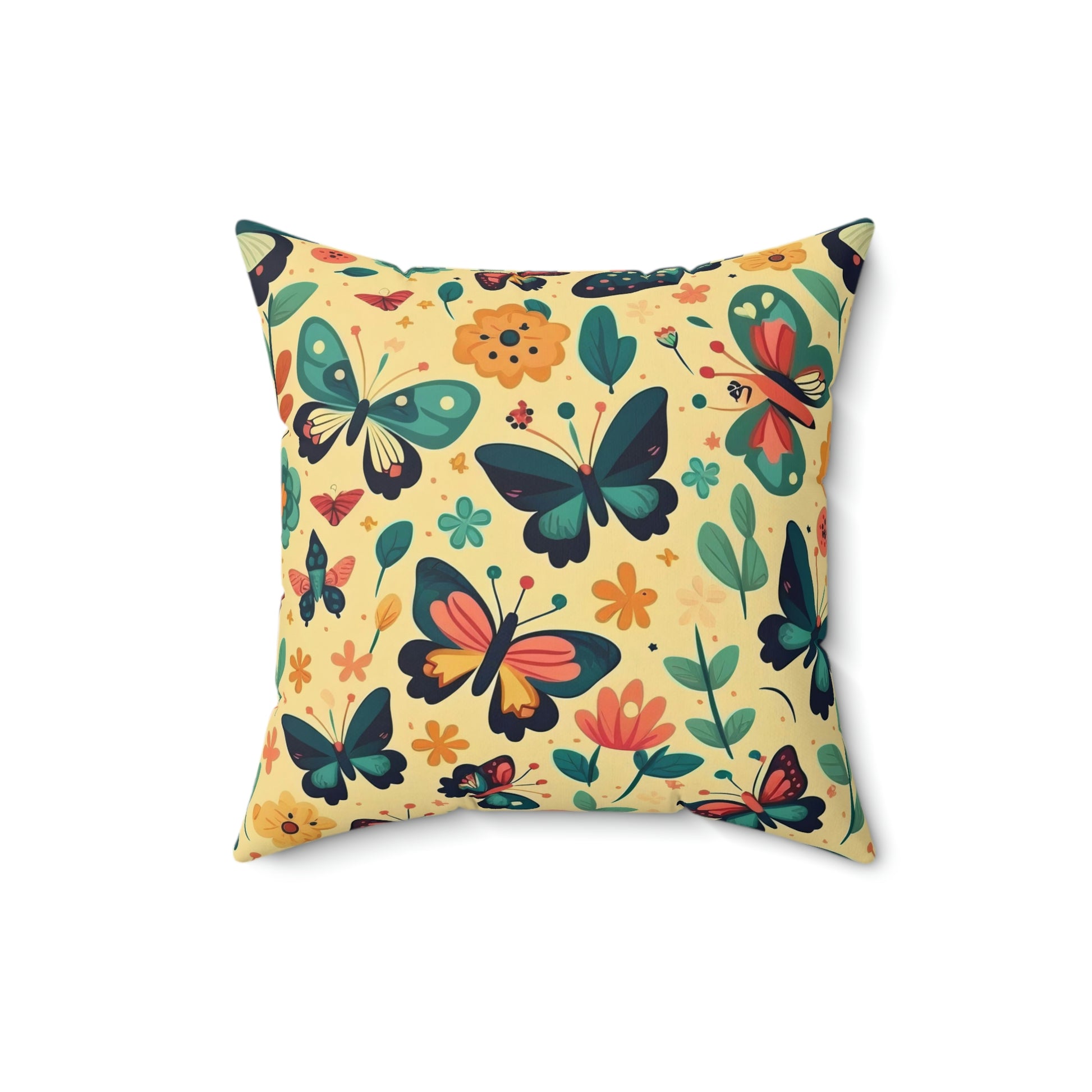 Butterfly Blue and Yellow floral accent throw pillow on a couch, Butterfly Blue and Yellow botanical couch pillow on a chair, Butterfly Blue and Yellow floral pattern pillow on a lounger, Butterfly Blue and Yellow spring garden floral decorative pillow on a bed