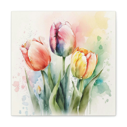 yellow, pink and orange tulip canvas, a floral art print, wall decor must have, summer in bloom tulip canvas wall decor