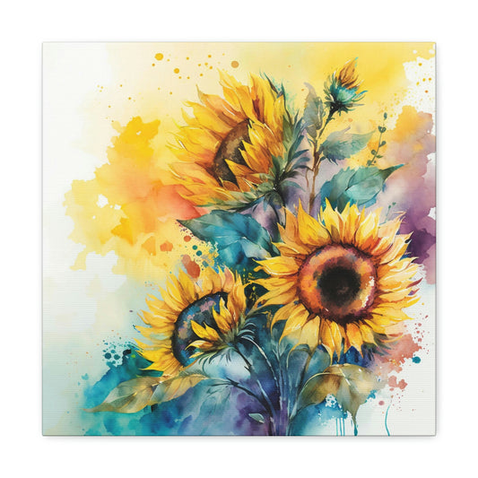 blue watercolor yellow sunflower canvas art, yellow sunflower watercolor splash canvas, sunflower are print