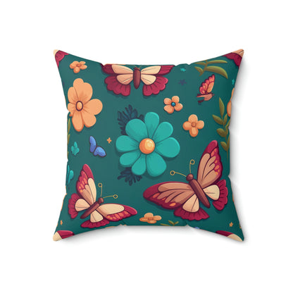 Red Butterfly Blue floral accent throw pillow on a couch, Red Butterfly Blue botanical couch pillow on a chair, Red Butterfly Blue floral pattern pillow on a lounger, Red Butterfly Blue spring garden floral decorative pillow on a bed