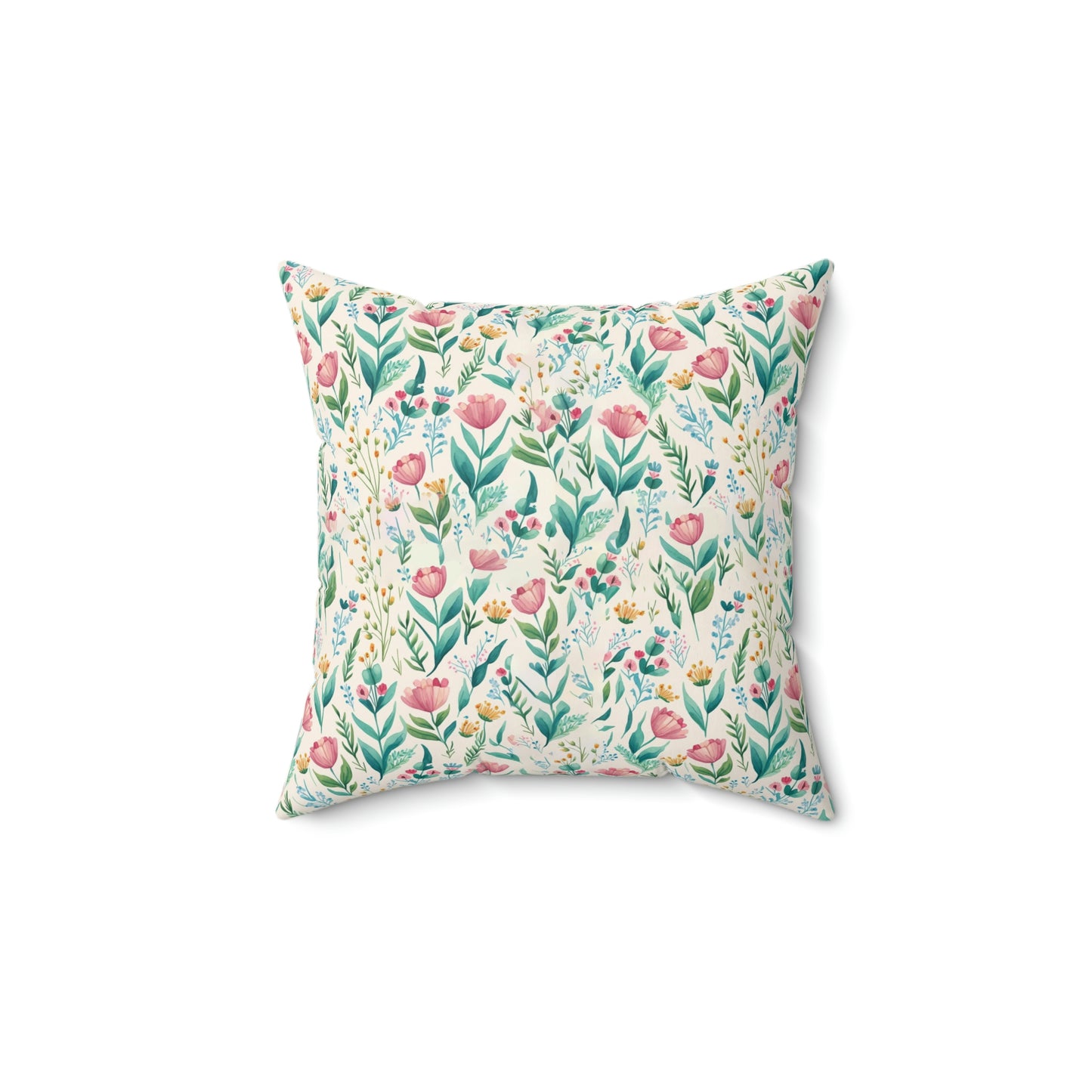 pink and green floral pattern throw pillow displayed on a lounger, pink floral print accent pillow sitting on a couch, pink and green print throw pillow on a sofa