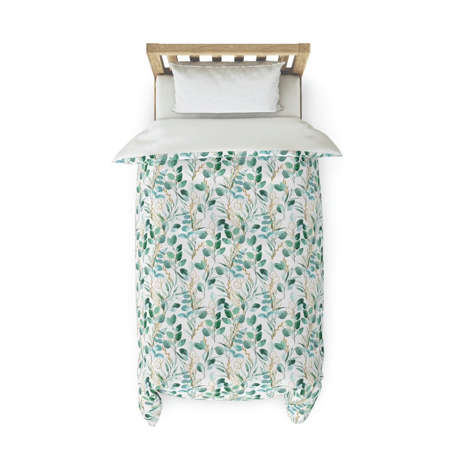 Green & Gold Floral Pattern Duvet Cover lying on a bed, microfiber duvet cover bedroom accent