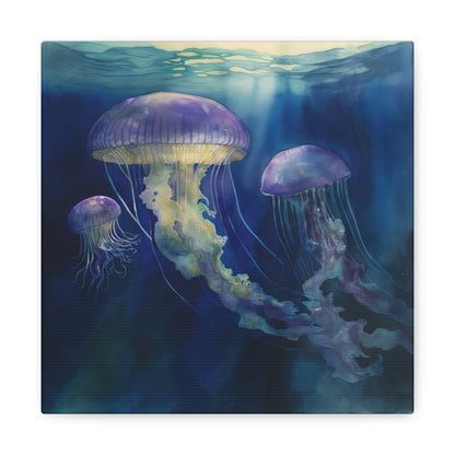 jellyfish canvas hanging in a coastal theme room, under the sea jellyfish canvas art design hanging on a nautical theme room wall, ocean jellyfish canvas on an easel, jellyfish wall decor