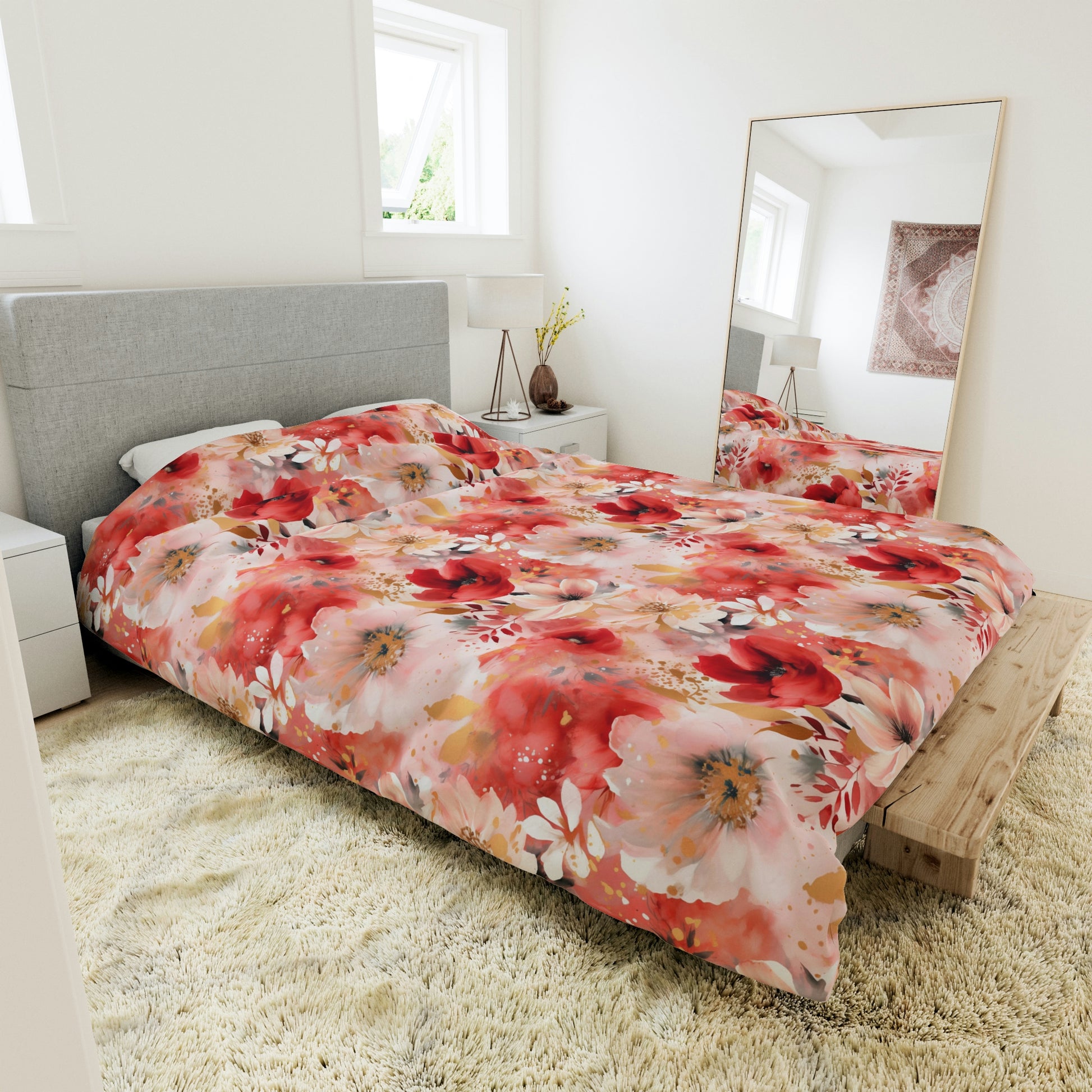 red and pink floral duvet cover, pink and red floral duvet cover, pink abstract floral duvet cover, red abstract floral duvet cover