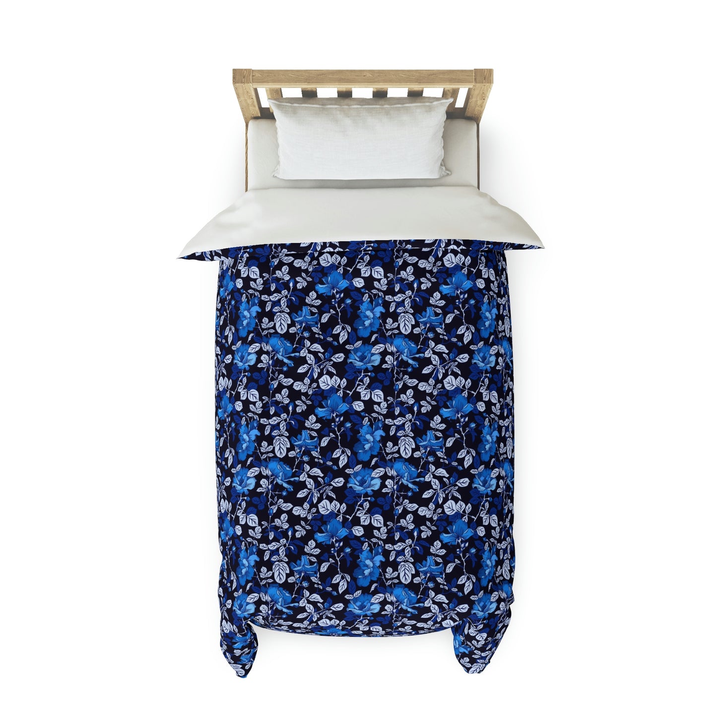 Bold Blue Floral Pattern Duvet Cover lying on a bed, microfiber floral duvet cover bedroom accent