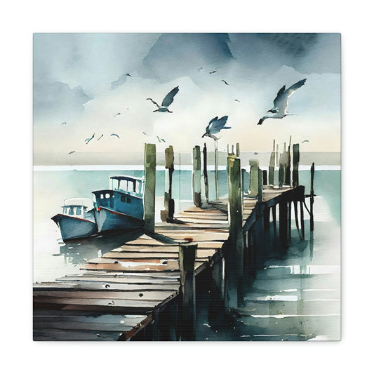 blue ocean yacht canvas on a wall, seagull design on a coastal inspired canvas hanging on a wall, ocean canvas with a boat and seagulls on it