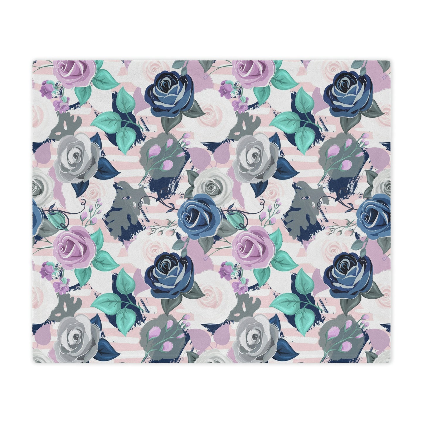 pink and purple blanket lying on a bed, blue roses pattern on a plush blanket, purple and blue rose print throw blanket lying next to pillows on a bed