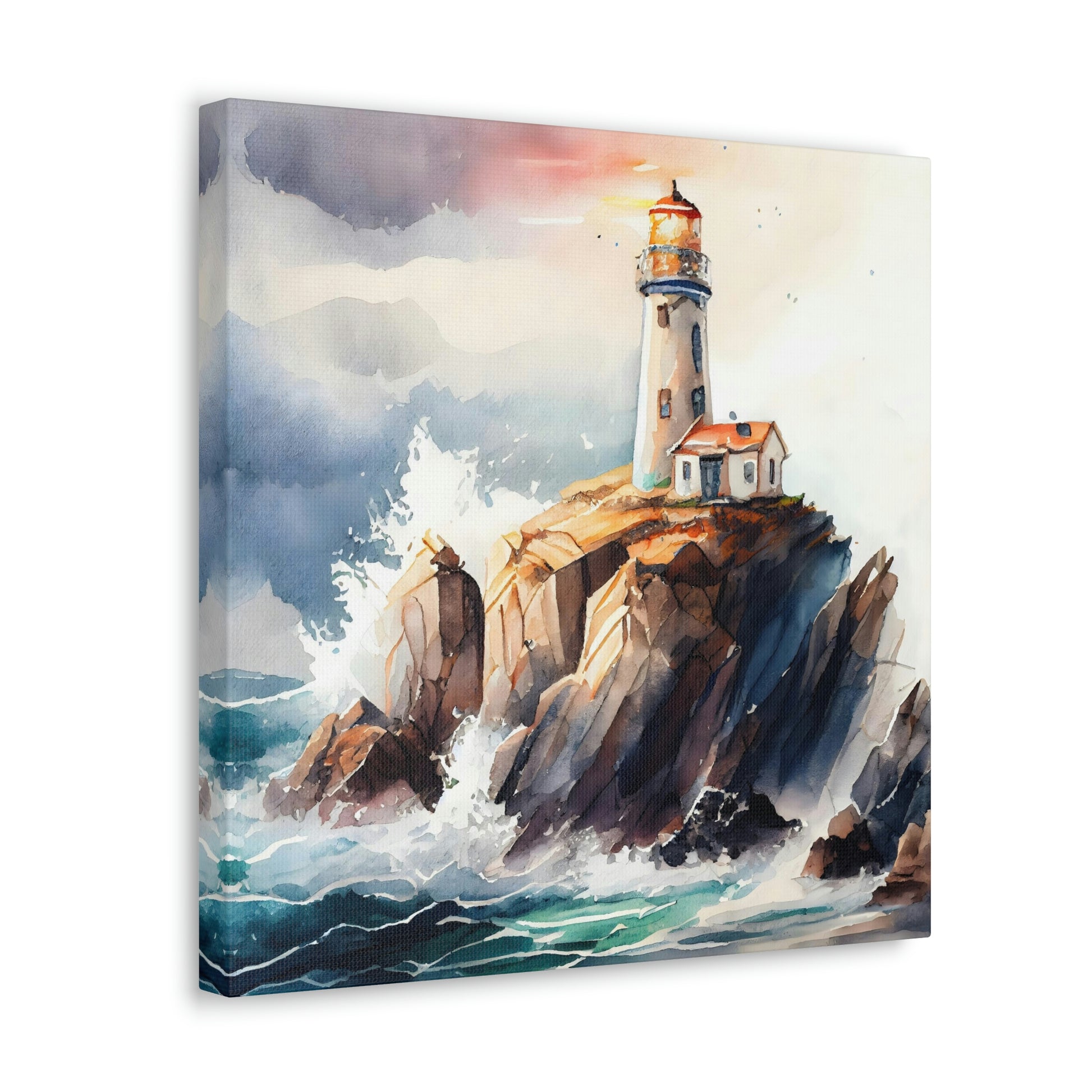 golden sunset on the ocean with a lighthouse canvas art print on a wall, nautical lighthouse theme canvas art print on a living room wall