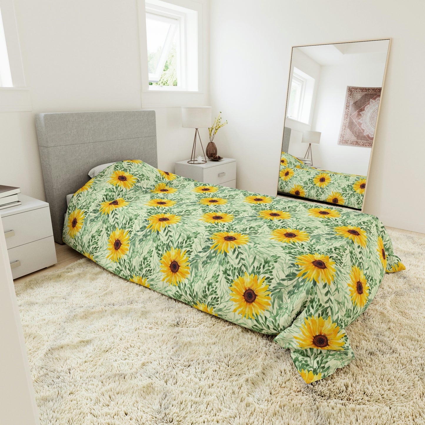 Green & Yellow Sunflower Floral Pattern Duvet cover lying on a bed, microfiber floral duvet cover bedroom accent