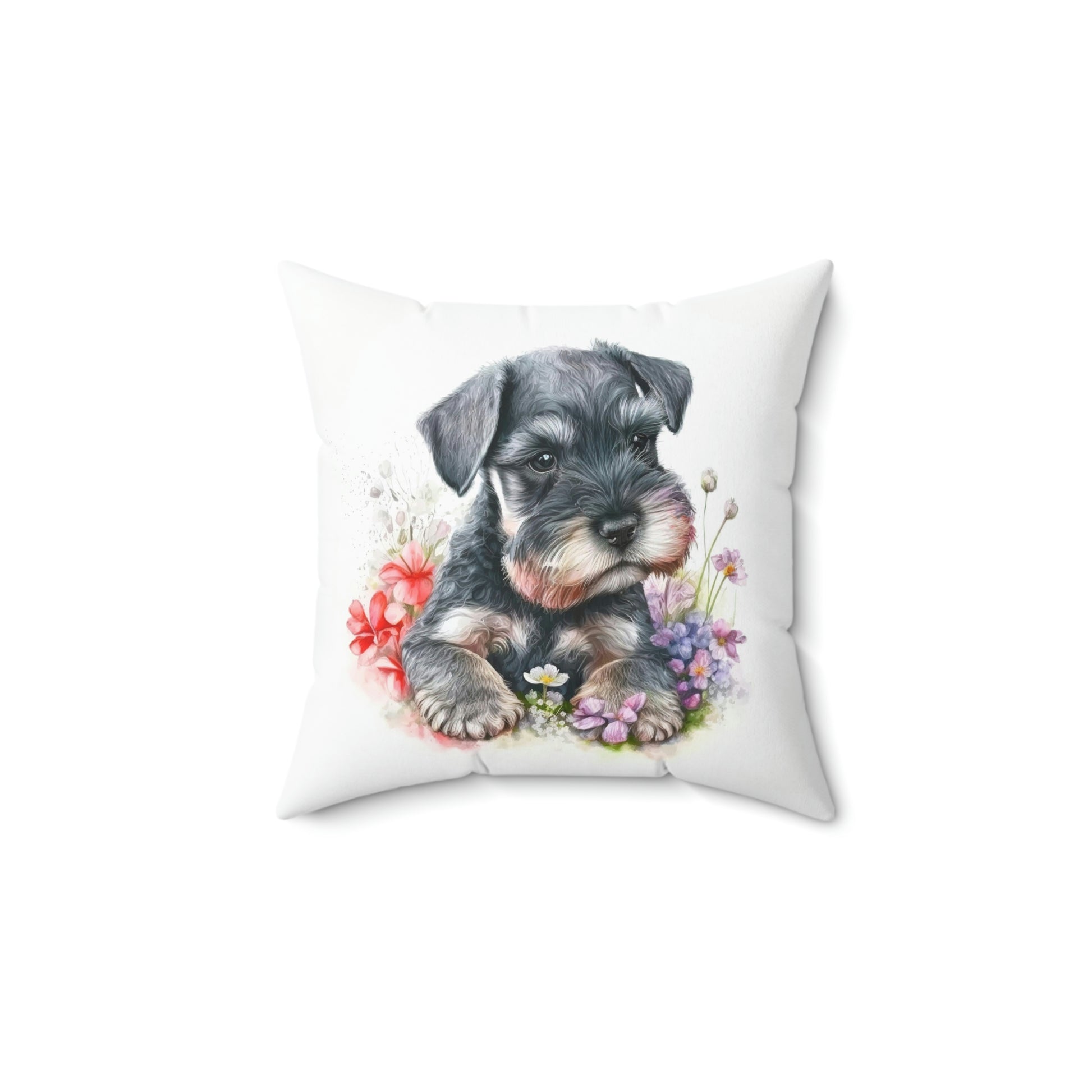 schnauzer accent throw pillow on a chair, schnauzer puppy pillow on a couch, square miniature schnauzer throw pillow on a sofa, mini schnauzer dog pillow on a lounger