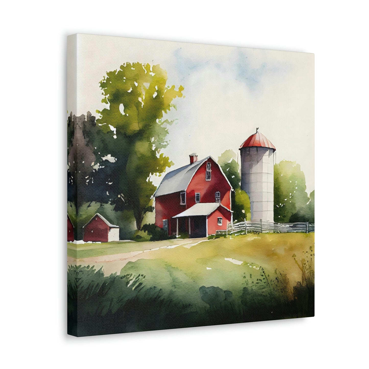 farmhouse with a red barn and silo on a canvas, red barn canvas on a wall, barn on a canvas art print on an easel, farmhouse canvas hanging on a wall