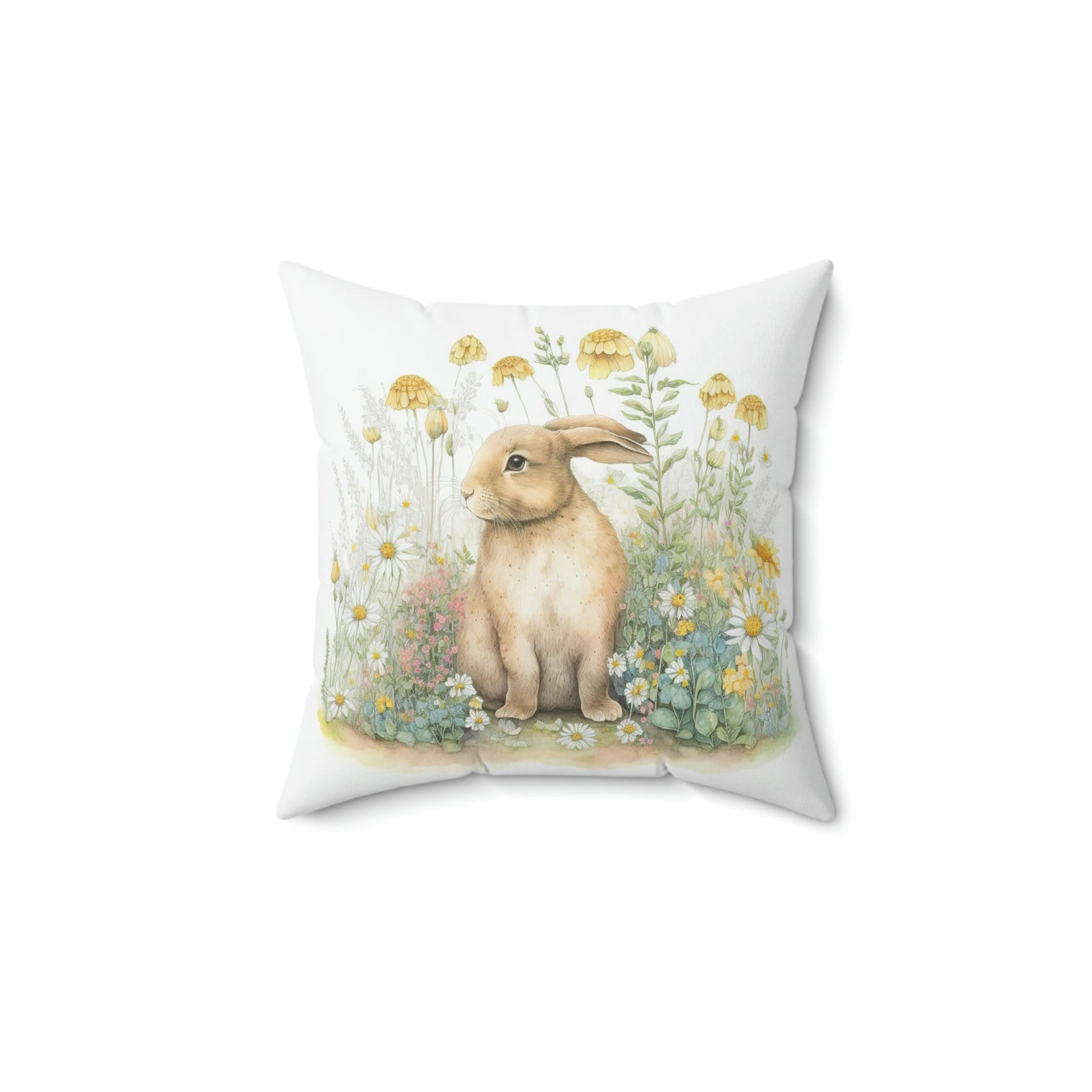 bunny accent throw pillow sitting on a grey living room couch, decorate your room for spring with this floral bunny pattern throw pillow, square pillow with a bunny pattern