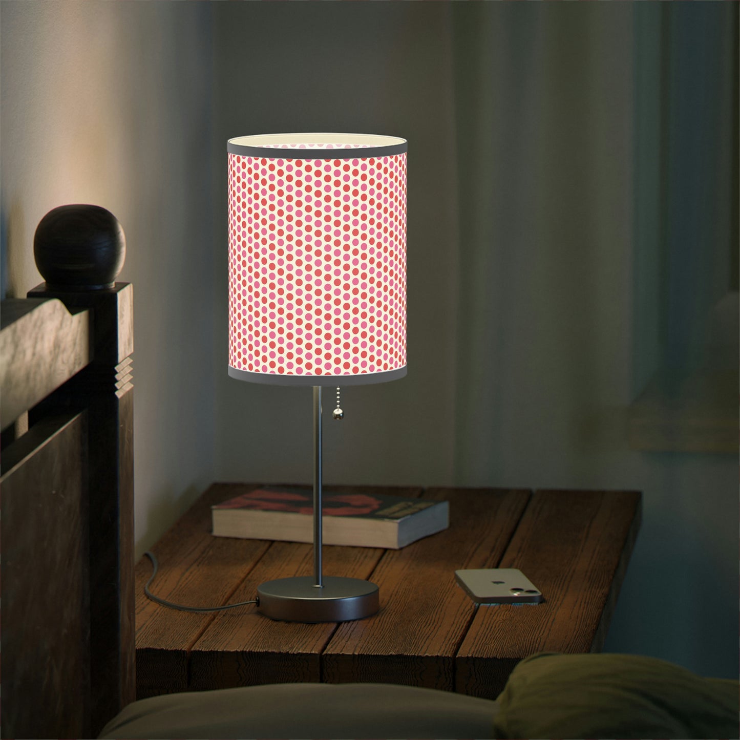 red and pink polkadot baby nursery lamp, pink and red nursery table lamp with polka dots