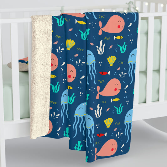 blue ocean animal sherpa blanket, blue whale sherpa blanket, jellyfish baby nursery blanket for kids room