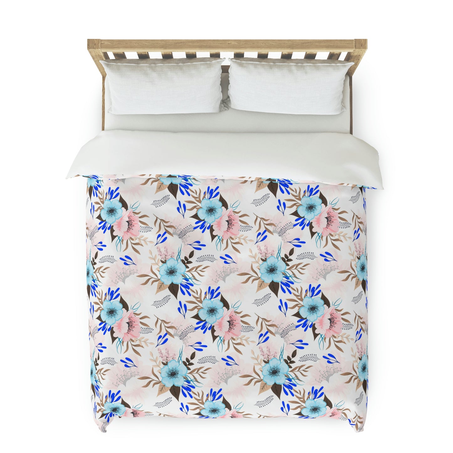 Light Pink & Blue Floral Pattern Duvet Cover lying on a bed, microfiber duvet cover bedroom accent