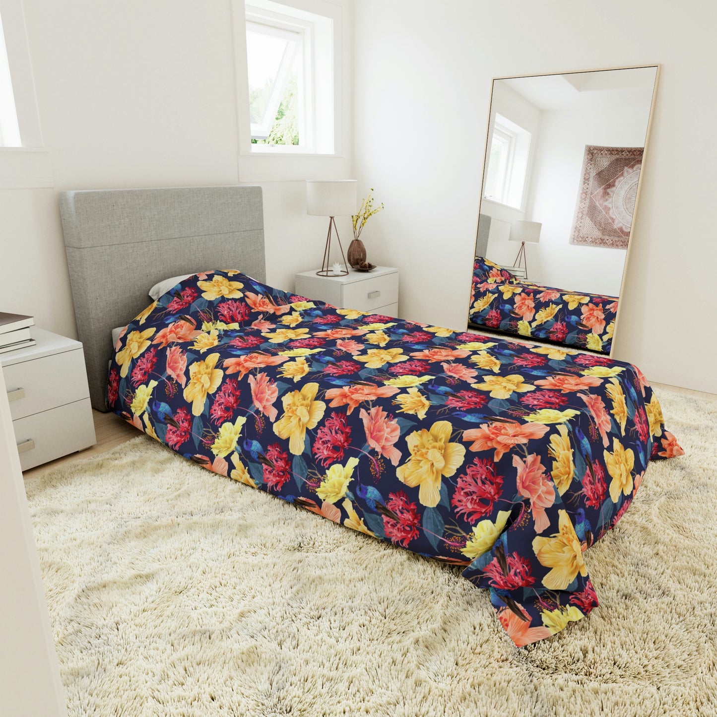 Bold Colorful Blue yellow and red Floral Pattern Duvet lying on a bed, microfiber floral duvet cover bedroom accent