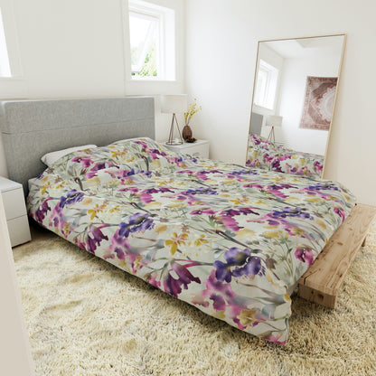 Green, Pink & Purple Floral Duvet Cover lying on a bed, microfiber floral duvet cover bedroom accent