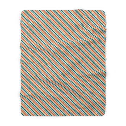 blue and orange striped sherpa blanket, sherpa blanket with blue and orange retro stripes