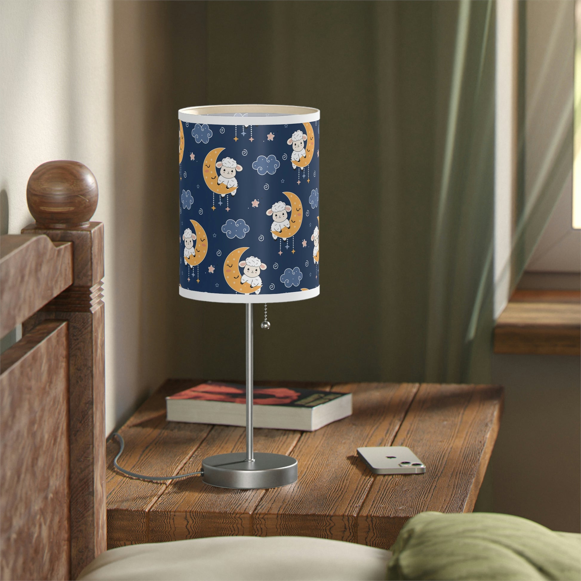 little lamb on moon nursery table lamp, dark blue lamb theme baby nursery lamp 