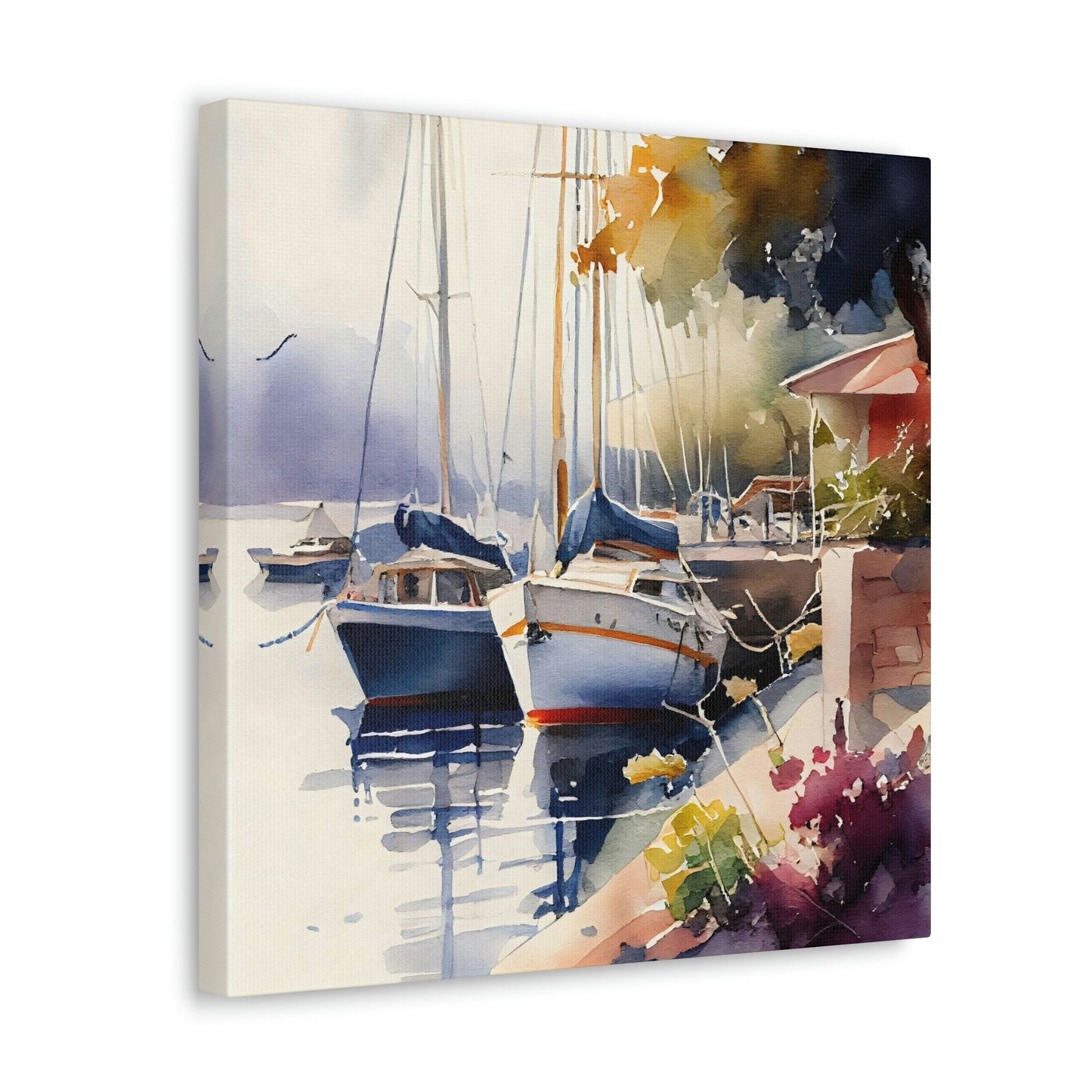 yachts on the ocean canvas art print on an easel, sailboat canvas art print in a nautical theme room, bold colorful canvas with watercolor boats on it, watercolor ocean with boats canvas wall decoration in a living room