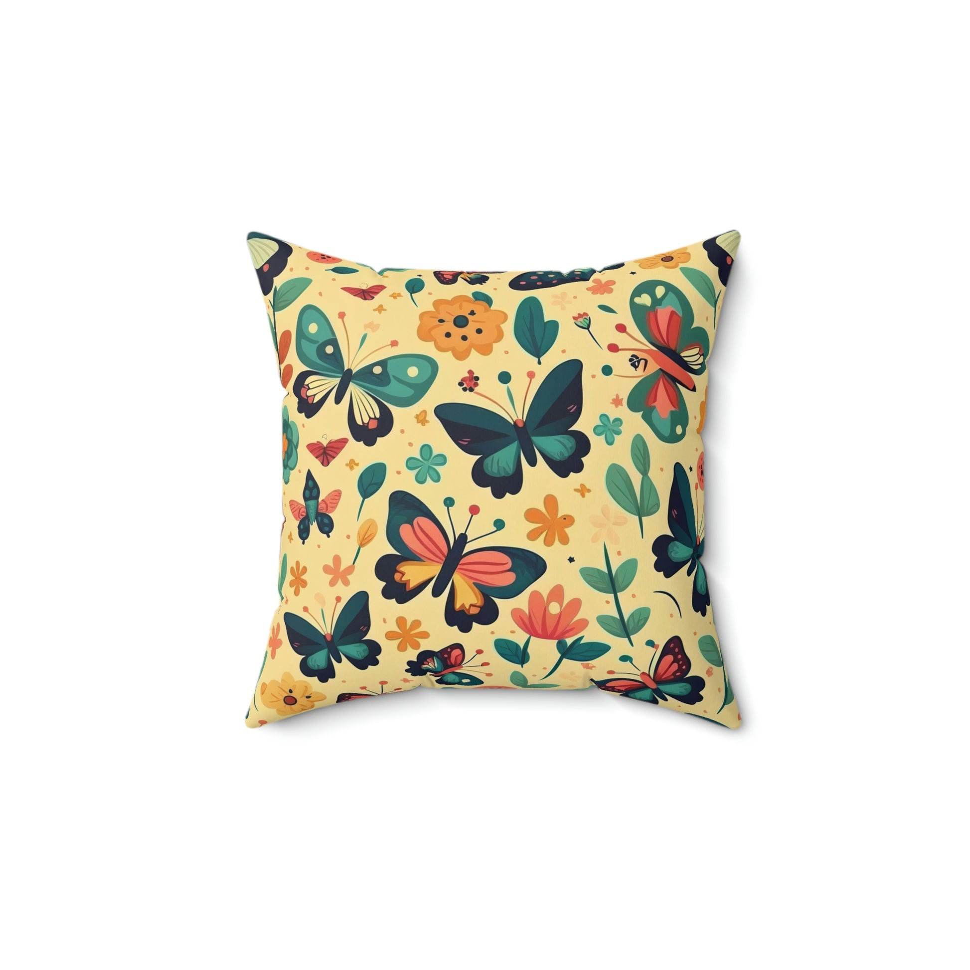 Butterfly Blue and Yellow floral accent throw pillow on a couch, Butterfly Blue and Yellow botanical couch pillow on a chair, Butterfly Blue and Yellow floral pattern pillow on a lounger, Butterfly Blue and Yellow spring garden floral decorative pillow on a bed