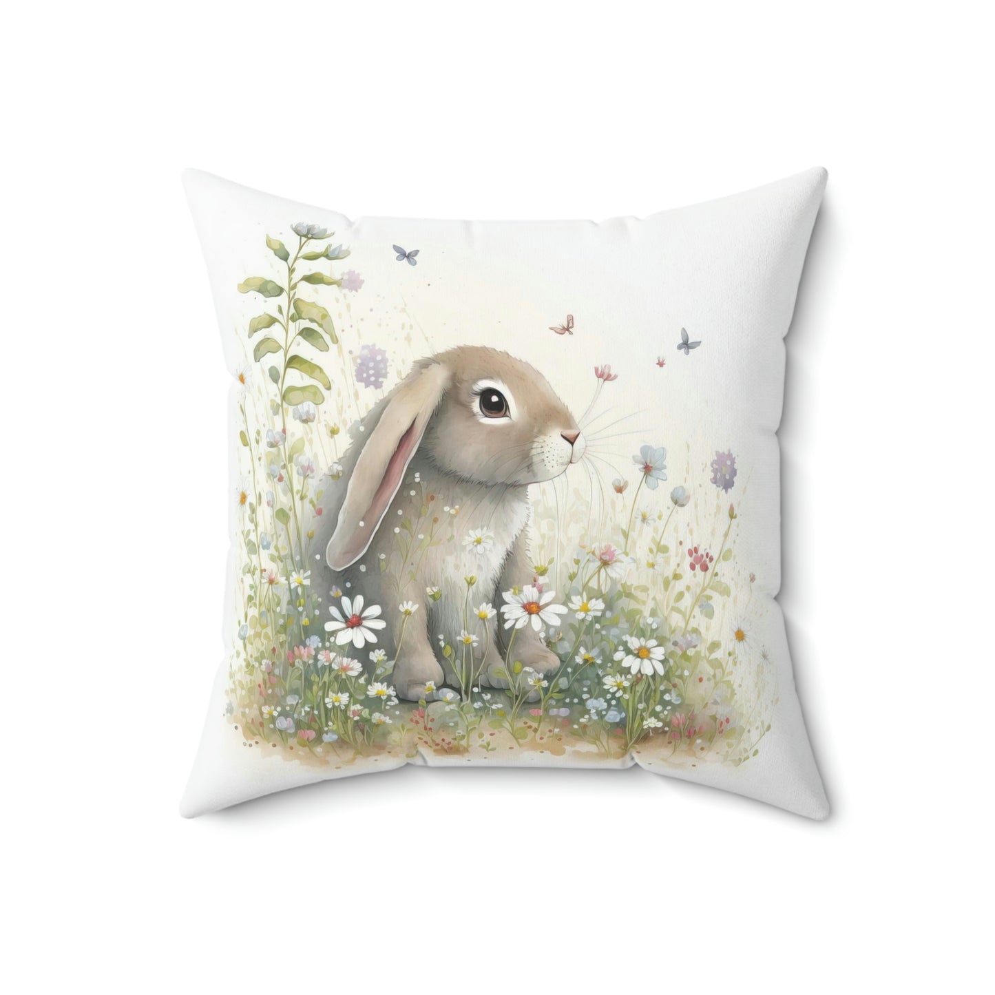 bunny accent throw pillow sitting on a grey couch, floral bunny pattern throw pillow decorating a sofa or arm chair, square bunny pillow decoration for spring