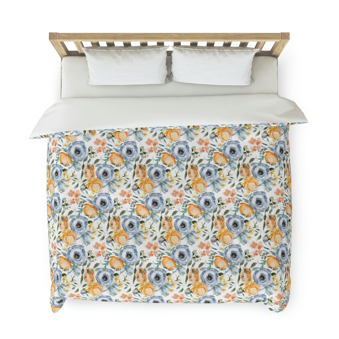 Mellow Apricot Pastel Blue Floral Pattern Duvet Cover lying on a bed, microfiber duvet cover bedroom accent