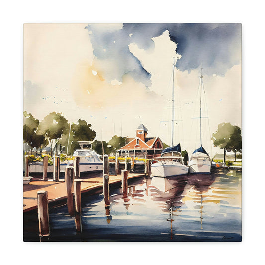 boat theme canvas art on an easel in a studio, sailboat on the ocean canvas artwork in a nautical theme room hanging on the wall, yachts on the water canvas print