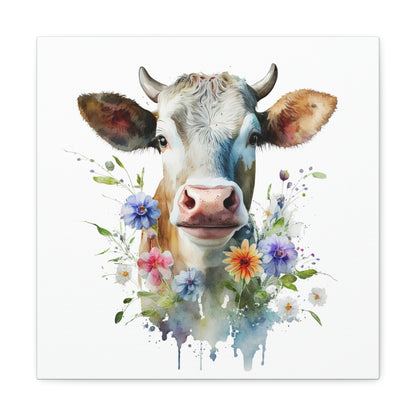 cow canvas wall art, cow canvas with floral design, rustic western style cow canvas, floral cow art print, brown cow canvas wall decor