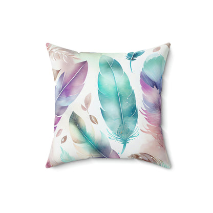 multicolor feather throw pillow, feather pattern accent throw pillow, feather design pillow sitting on a sofa or arm chair, feather pillow for your living room home decor