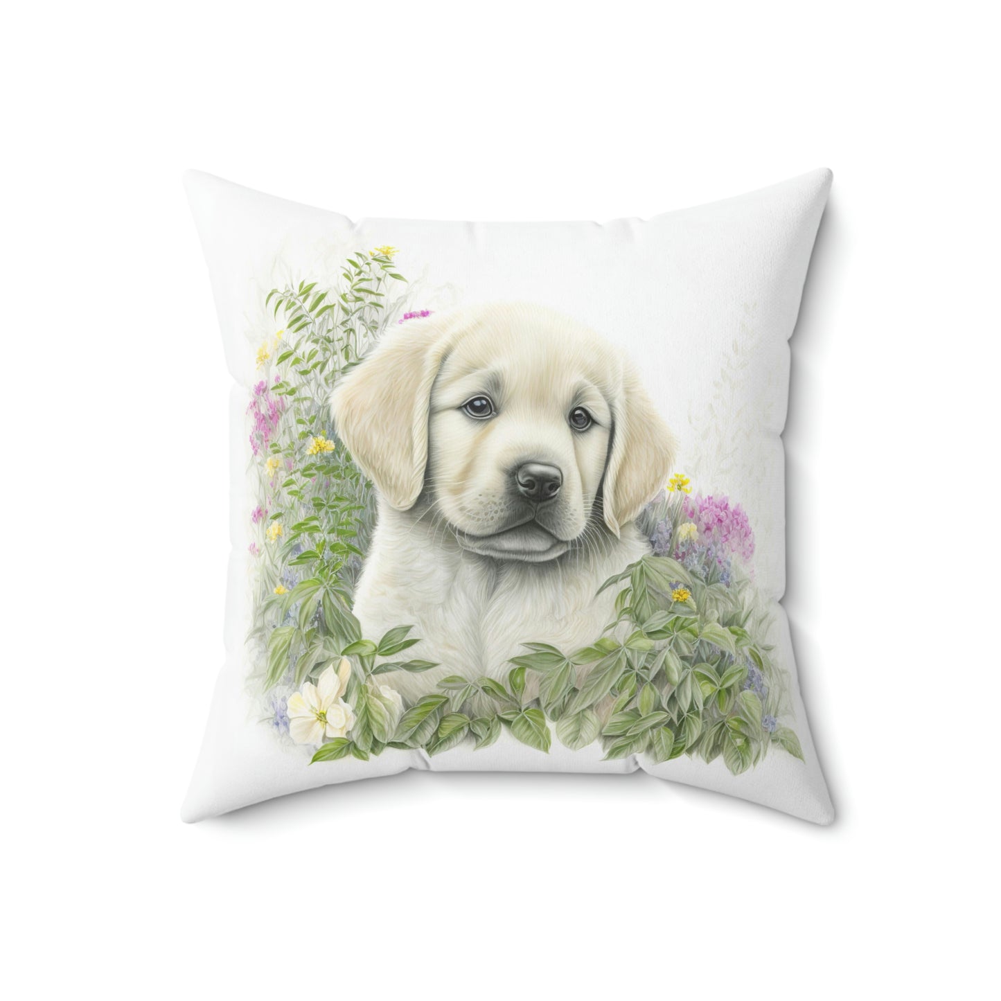 golden retriever accent pillow sitting on a chair, golden retriever puppy pillow displayed on a couch, golden retriever dog pillow on a sofa lounger, square shape puppy throw pillow on a cushion