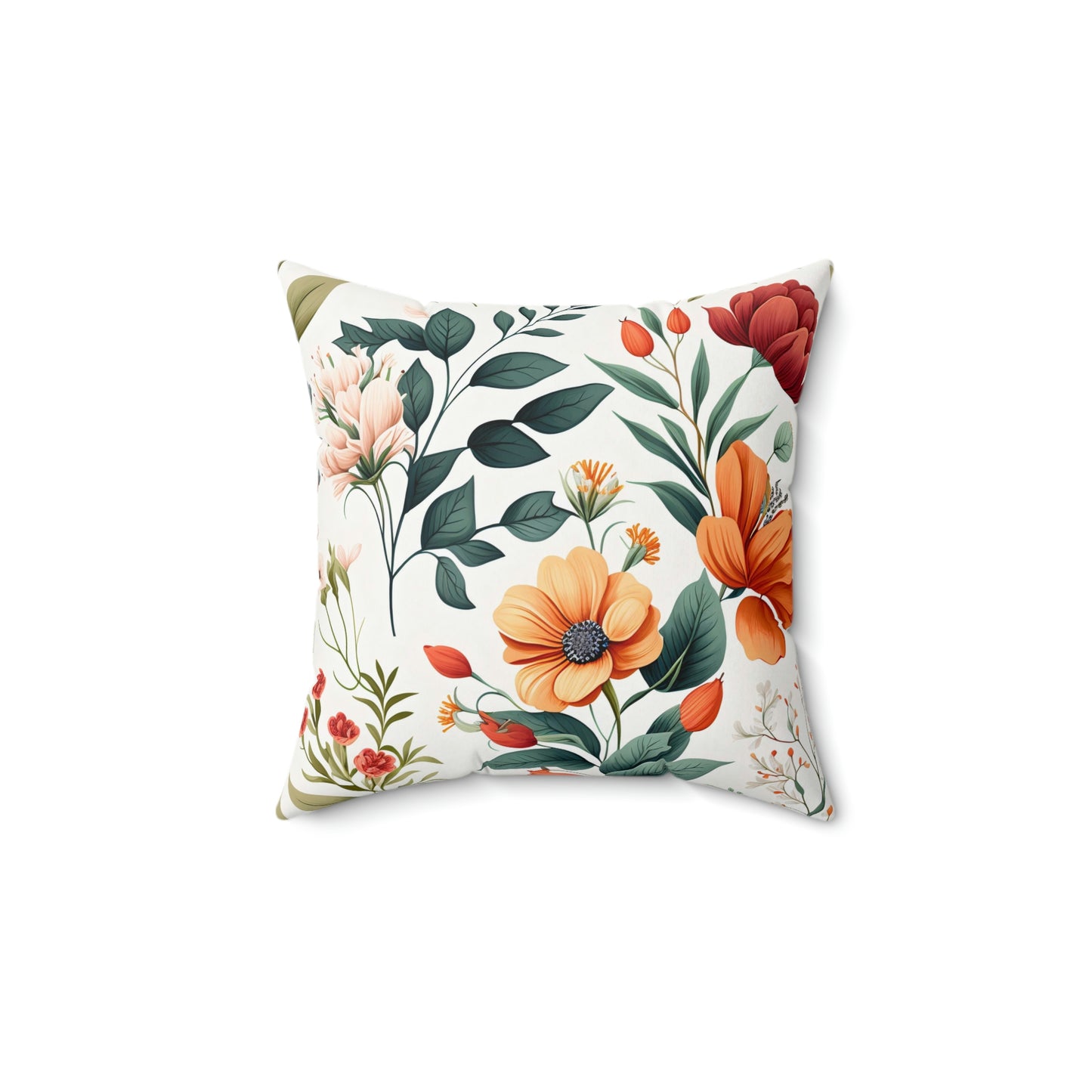Red and orange floral accent throw pillow on a couch, Red and orange botanical couch pillow on a chair, Red and orange floral pattern pillow on a lounger, Red and orange spring garden floral decorative pillow on a bed