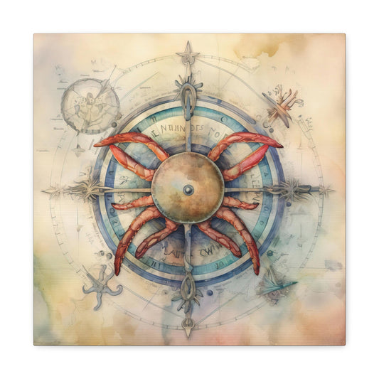 Red Crab Vintage Compass Canvas Print - Nautical Red Crab Compass Canvas