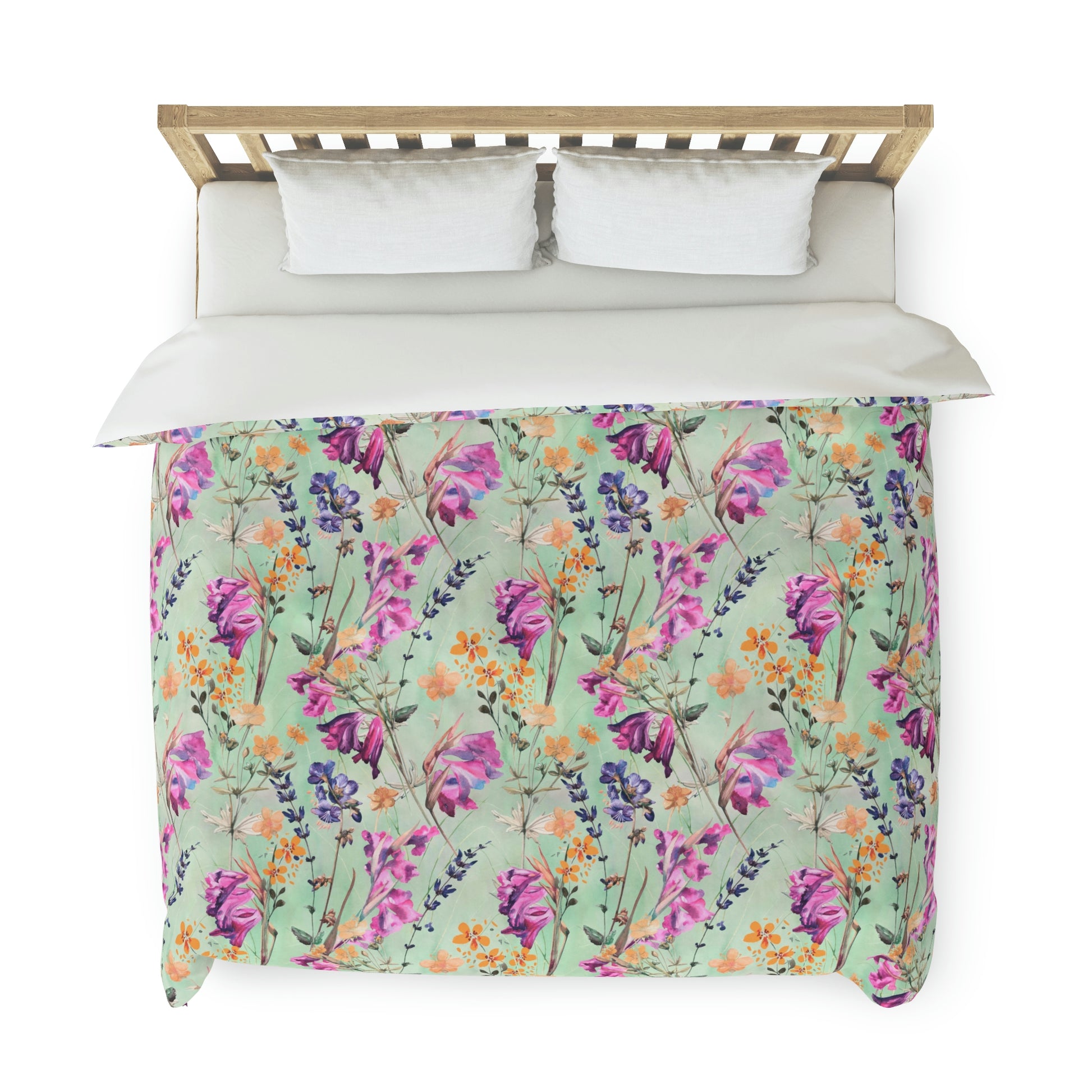 Mint Green & Purple Floral Pattern Duvet Cover lying on a bed, microfiber duvet cover bedroom accent
