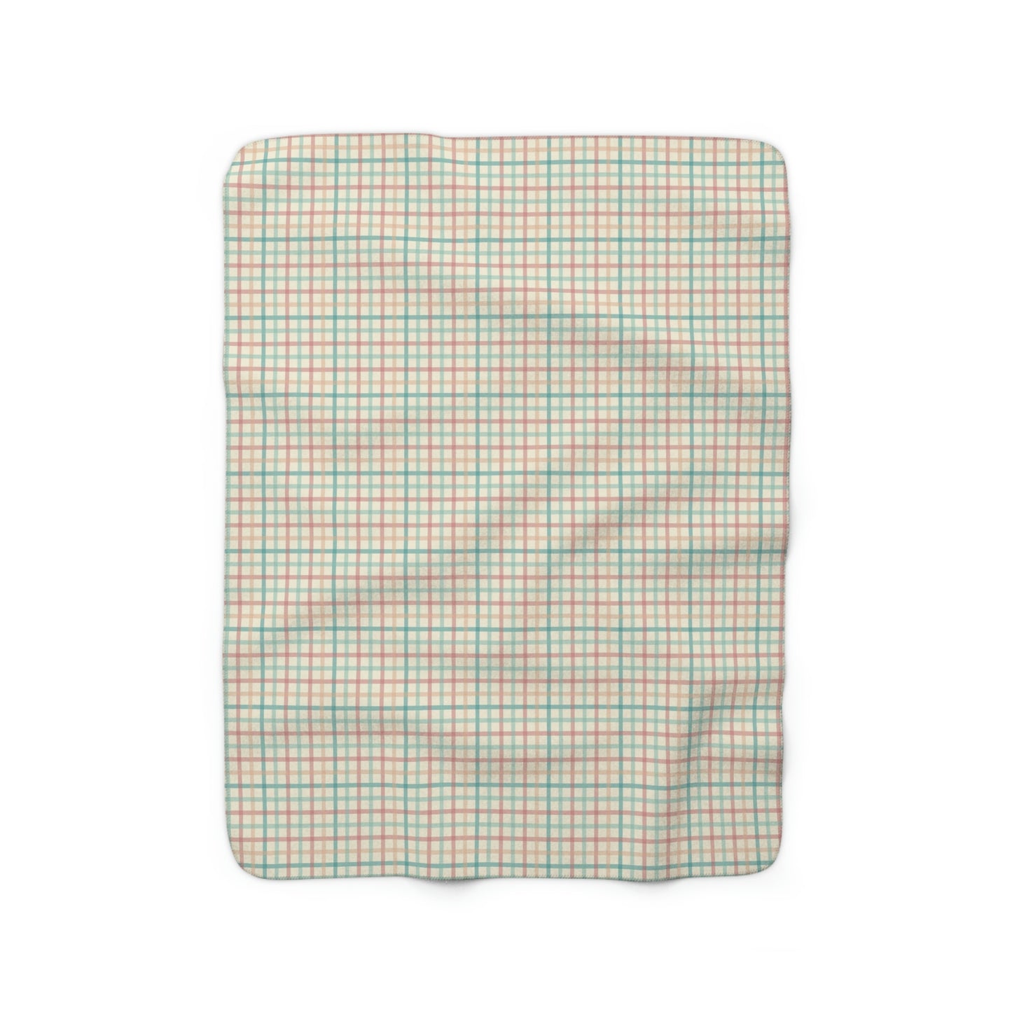 sherpa blanket with gingham pattern, red, blue, green and coral checkered pattern