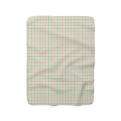 sherpa blanket with gingham pattern, red, blue, green and coral checkered pattern