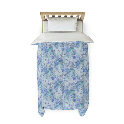 Watercolor Periwinkle Blue Duvet Cover lying on a bed, microfiber floral duvet cover bedroom accent