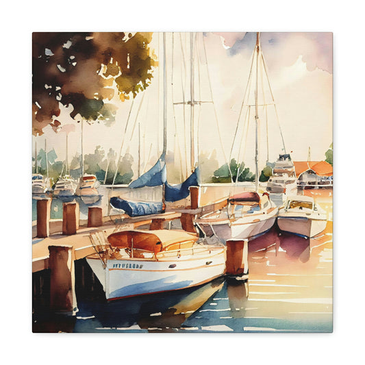 yacht canvas art in a studio, sailboat canvas print in a living room, nautical boat theme canvas hanging on a wall in a living room, boats on the ocean canvas on the floor