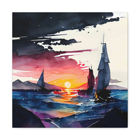 yachts on the water canvas art in a studio, sailboats on the ocean canvas art print hanging on the wall, ocean boat theme canvas in a nautical theme room