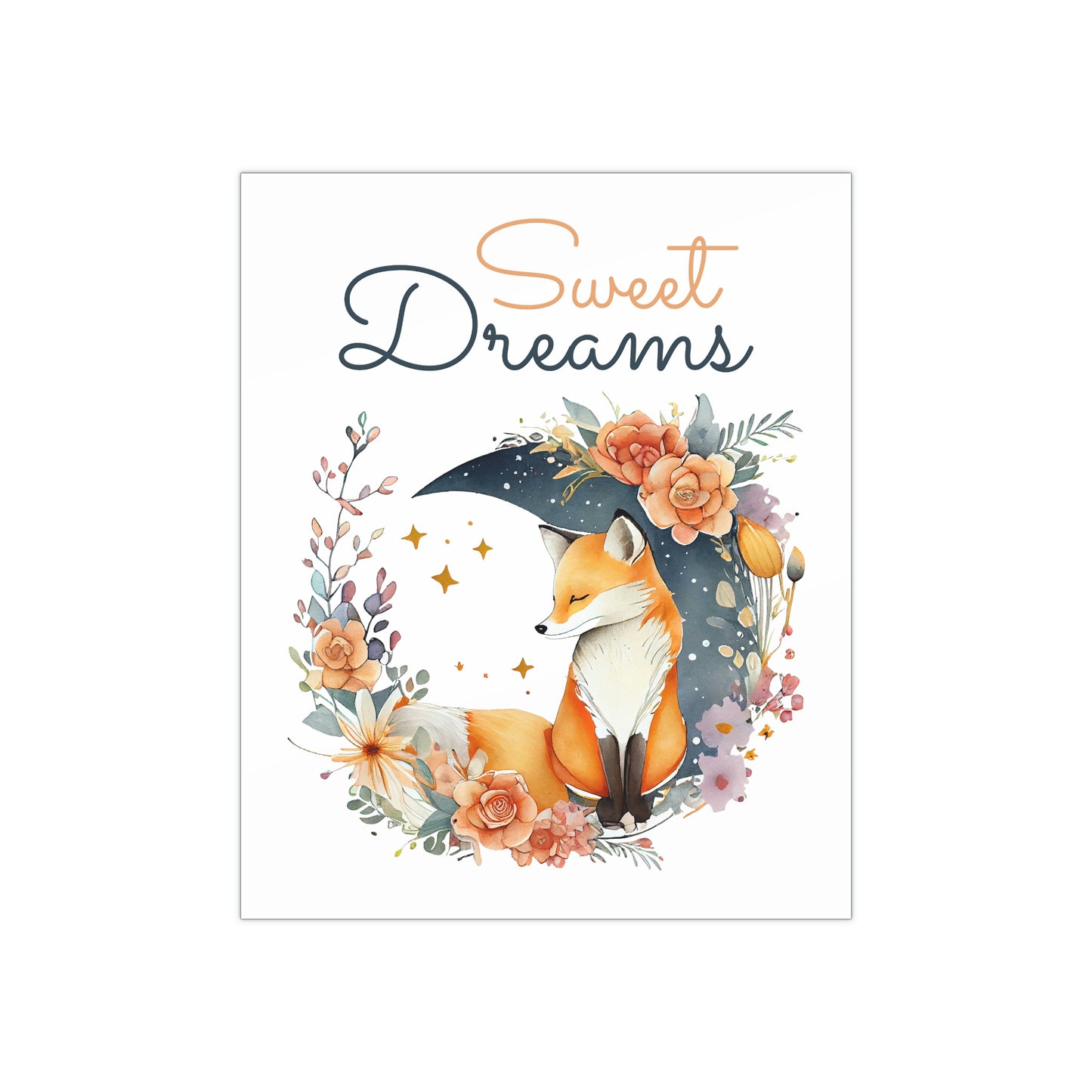 Fox sleeping on moon nursery wall decor, fox nursery poster wall art, sweet dreams nursery quote wall art print