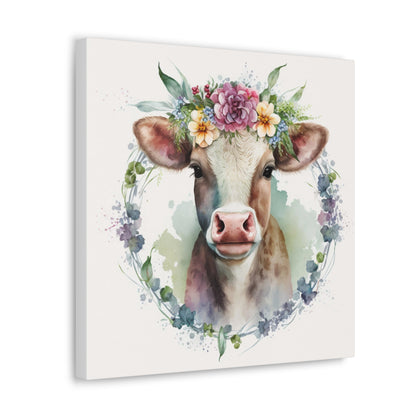 floral wreath cow canvas wall art, floral cow canvas decor