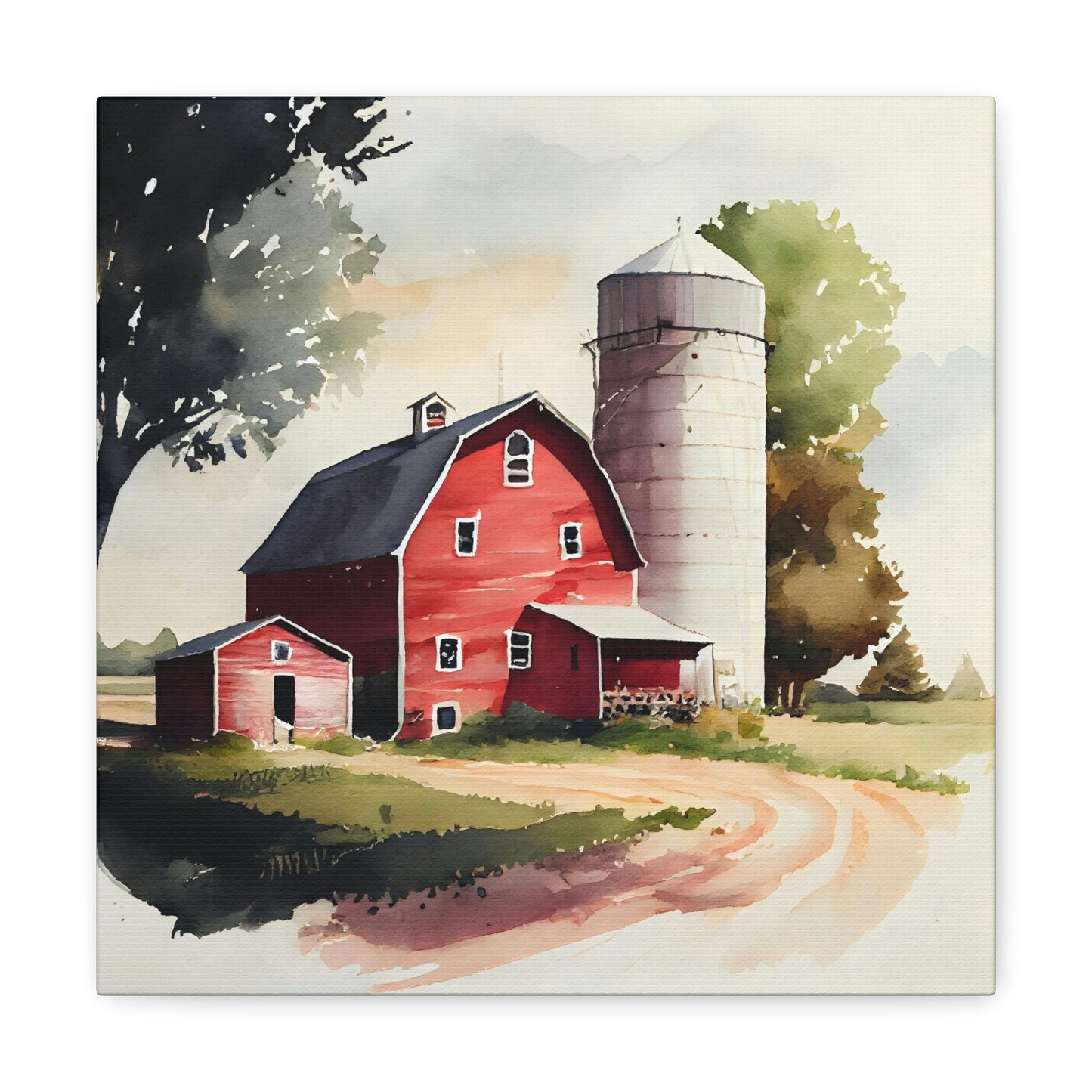 watercolor red barn canvas on an easel, red barn farmhouse theme canvas hanging on a wall in a living room, farmhouse canvas on the wall