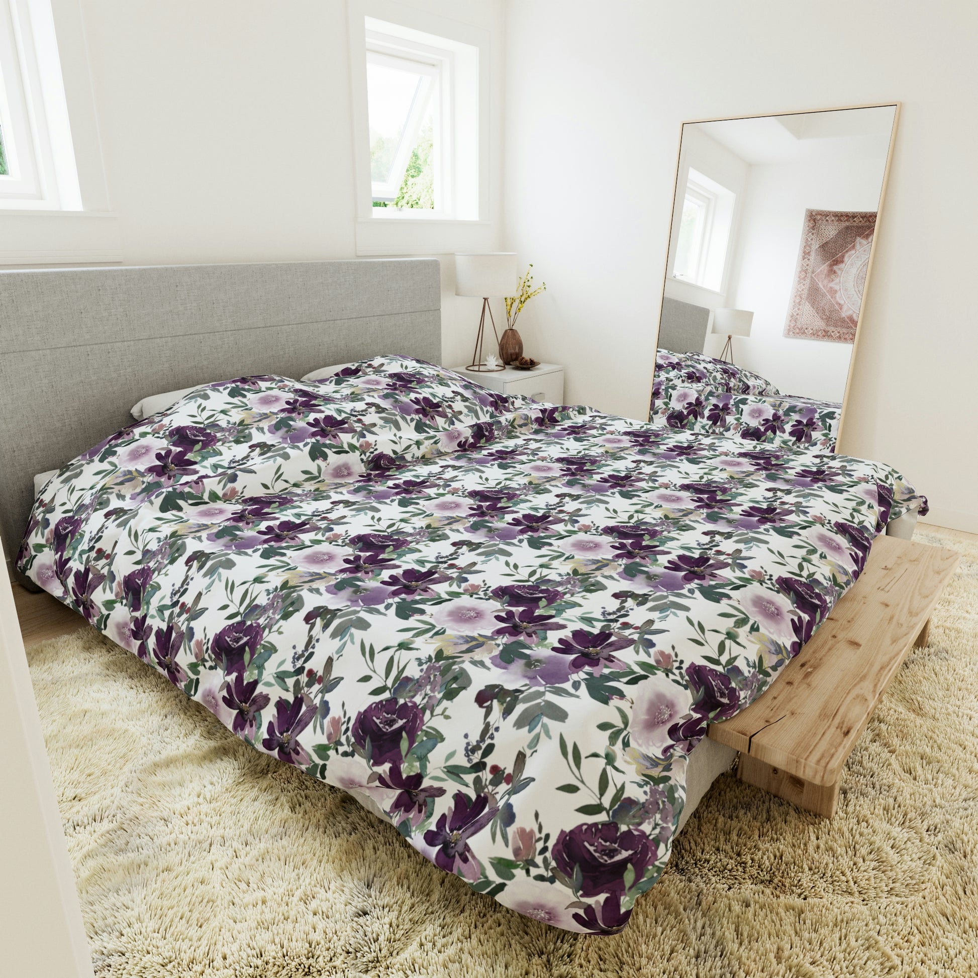 Watercolor Dark Purple Floral Pattern Duvet lying on a bed, microfiber floral duvet cover bedroom accent