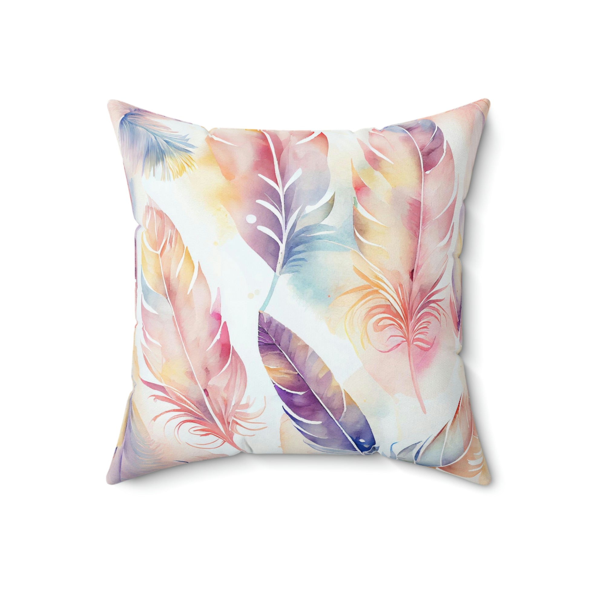 this is a feather pattern pillow sitting on a sofa, feather throw pillow on an arm chair, feather pillow for your home decor, style your space with a watercolor feather pillow