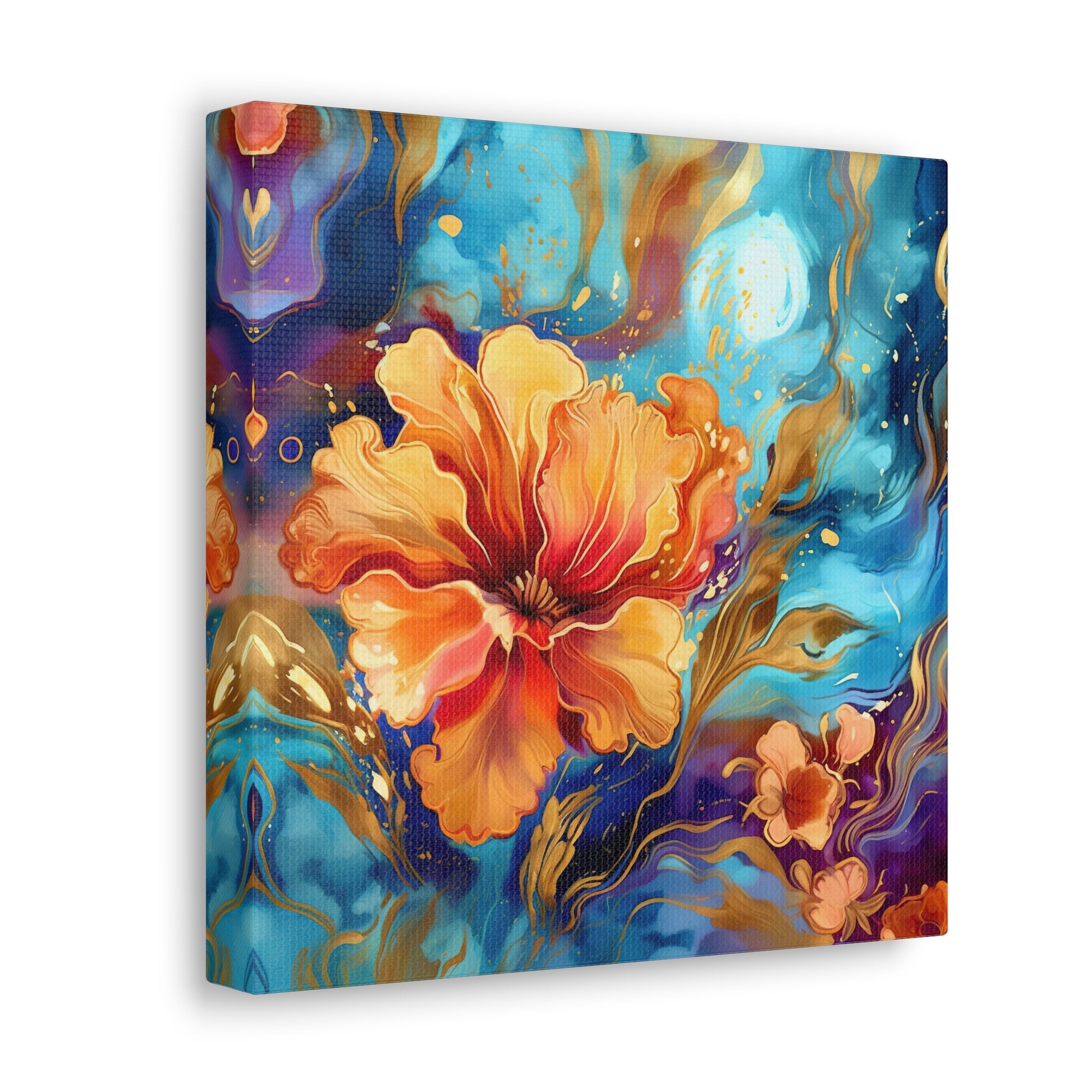 orange floral abstract canvas art, blue and orange alcohol ink canvas, orange and blue fluid ink canvas decor