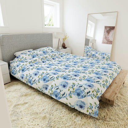 Watercolor Blue Roses Floral Pattern Duvet Cover lying on a bed, microfiber duvet cover bedroom accent