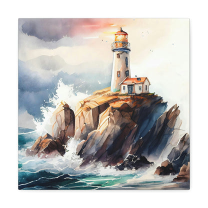 golden sunset on the ocean with a lighthouse canvas art print on a wall, nautical lighthouse theme canvas art print on a living room wall