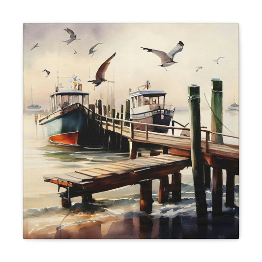watercolor boat design on a canvas with seagulls hanging on a wall, yacht on an ocean inspired canvas hanging in a nautical theme room, ocean inspired boat canvas with seagulls on it