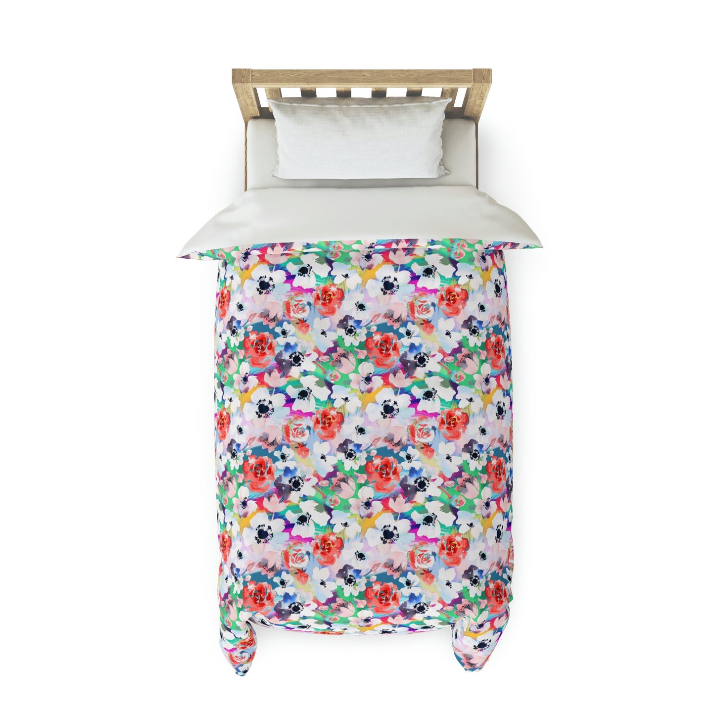 Bold Multicolor Floral Pattern Duvet lying on a bed, microfiber floral duvet cover bedroom accent